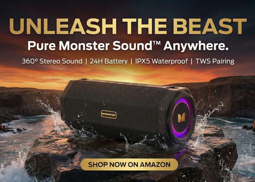 Monster Speaker S200 Wireless Portable Bluetooth Speaker, 24H Playtime, IPX6 Waterproof, 50W Stereo Sound, Bluetooth 5.4, Dual Bass Speakers, Perfect for Home, Parties, and Travel